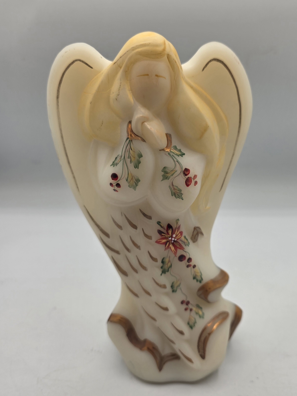Hand-Painted By A. Meeks Fenton Angel Figurine - Cream With Flowers #151/1000.